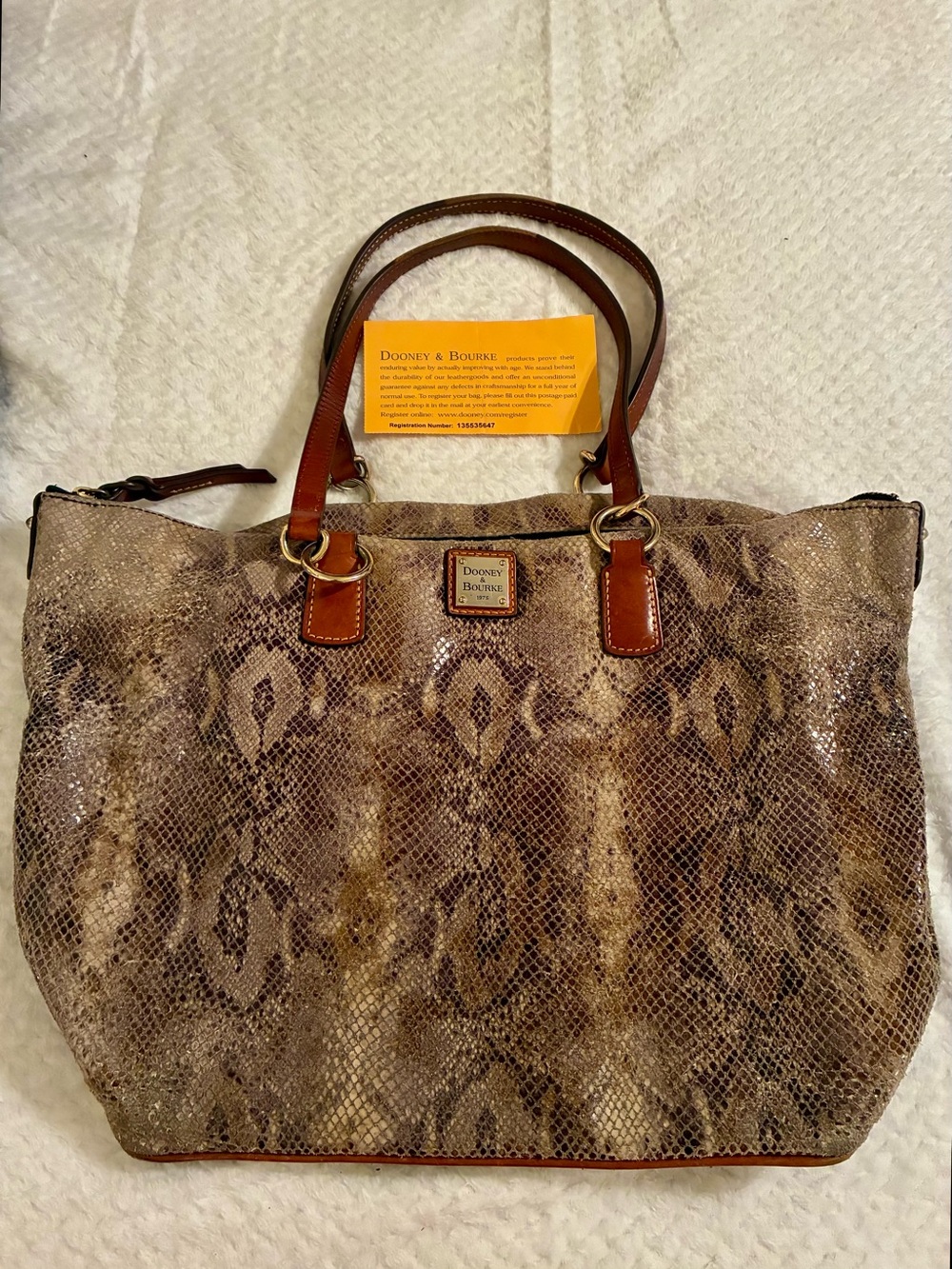 Dooney & Bourke Python Embossed Leather Charleston Tote Shopper Bag Tan Brown
